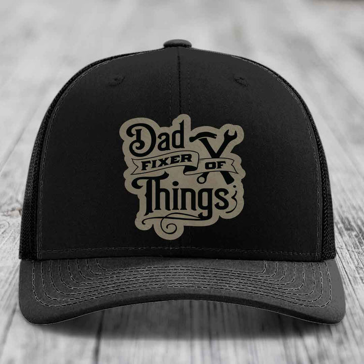 Dad Fixer of Things - Leather Patch Hat - Light Brown to Black Patch - Richardson 112 Snapback Trucker Hat