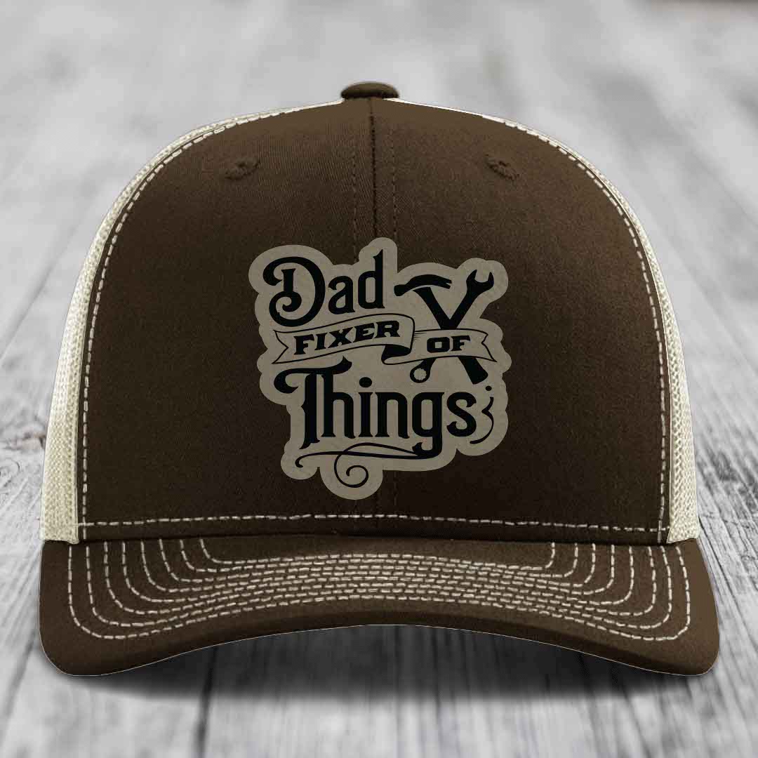 Dad Fixer of Things - Leather Patch Hat - Light Brown to Black Patch - Richardson 112 Snapback Trucker Hat