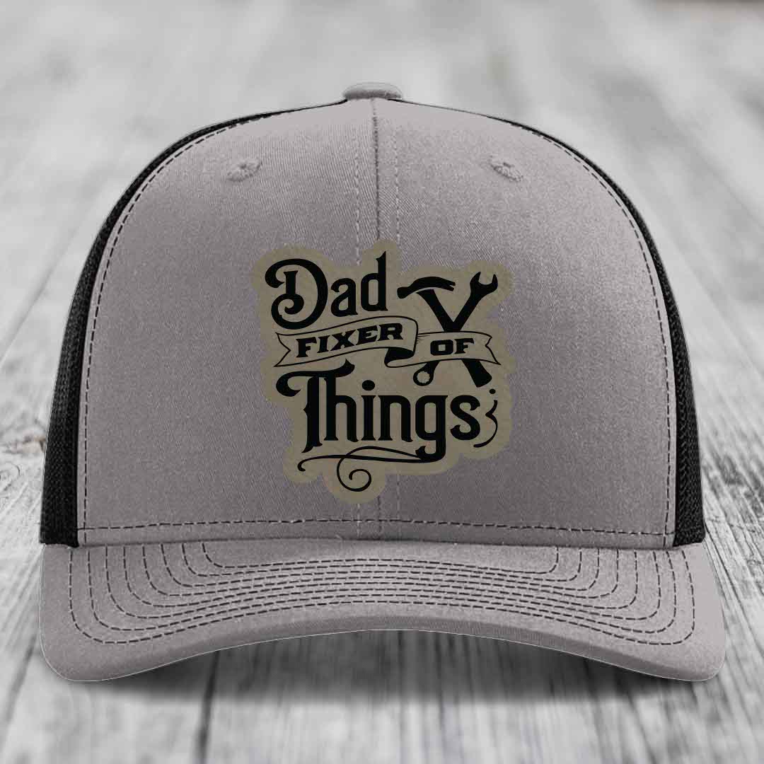 Dad Fixer of Things - Leather Patch Hat - Light Brown to Black Patch - Richardson 112 Snapback Trucker Hat