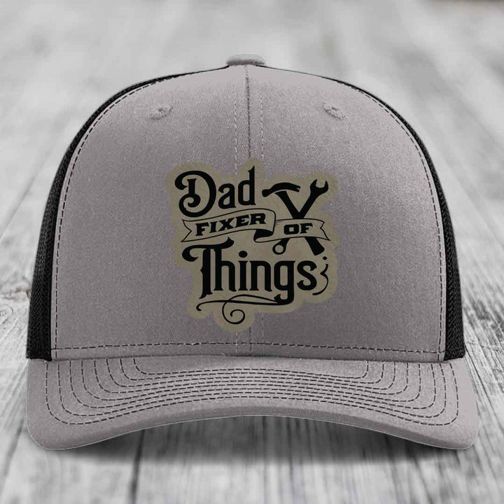 Dad Fixer of Things - Leather Patch Hat - Light Brown to Black Patch - Richardson 112 Snapback Trucker Hat
