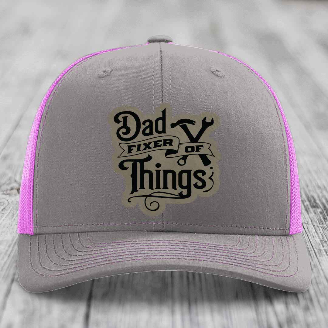 Dad Fixer of Things - Leather Patch Hat - Light Brown to Black Patch - Richardson 112 Snapback Trucker Hat