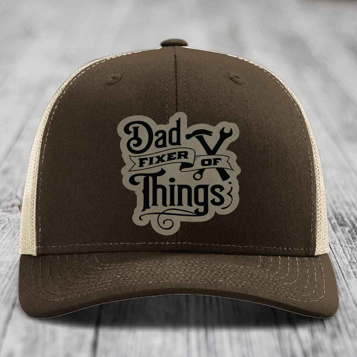 Dad Fixer of Things - Leather Patch Hat - Light Brown to Black Patch - Richardson 112 Snapback Trucker Hat