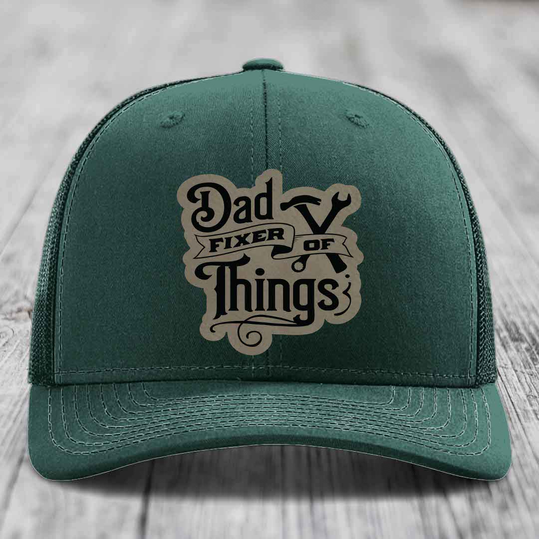 Dad Fixer of Things - Leather Patch Hat - Light Brown to Black Patch - Richardson 112 Snapback Trucker Hat