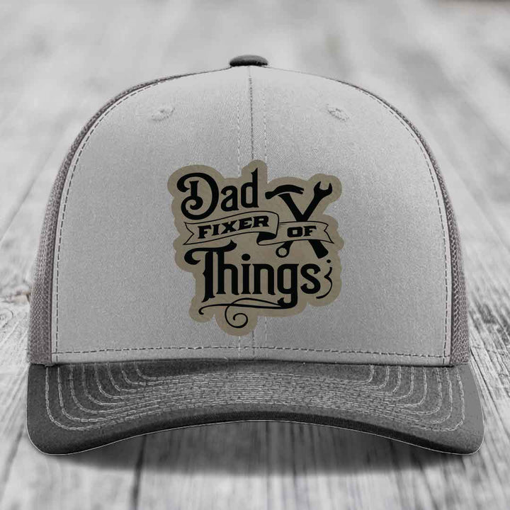 Dad Fixer of Things - Leather Patch Hat - Light Brown to Black Patch - Richardson 112 Snapback Trucker Hat