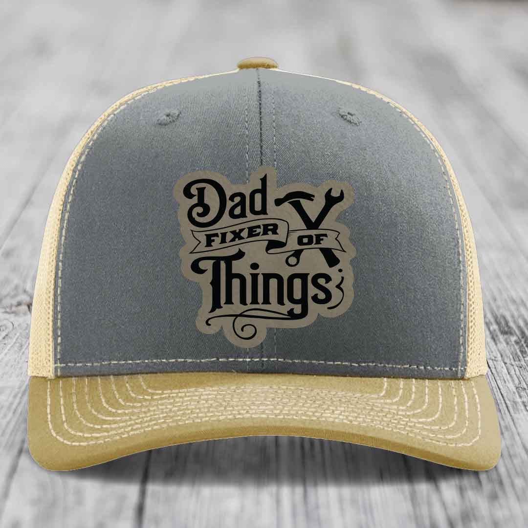 Dad Fixer of Things - Leather Patch Hat - Light Brown to Black Patch - Richardson 112 Snapback Trucker Hat