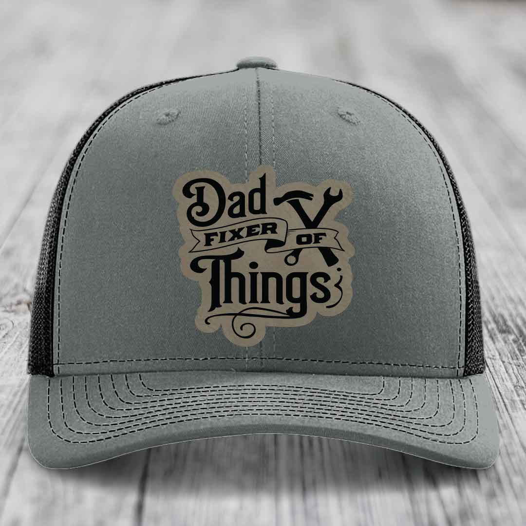 Dad Fixer of Things - Leather Patch Hat - Light Brown to Black Patch - Richardson 112 Snapback Trucker Hat