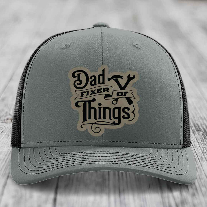 Dad Fixer of Things - Leather Patch Hat - Light Brown to Black Patch - Richardson 112 Snapback Trucker Hat