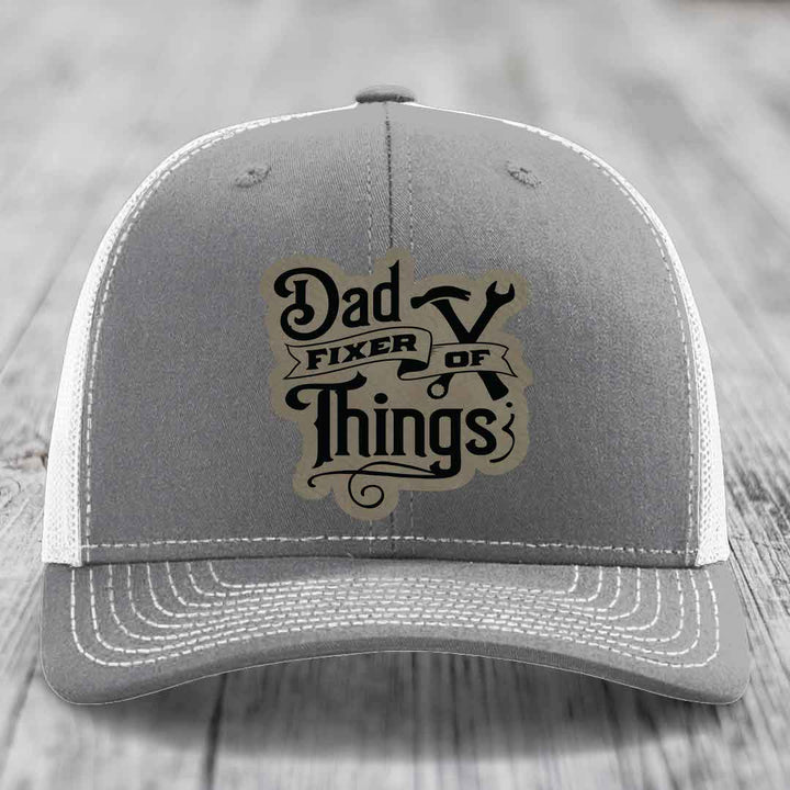 Dad Fixer of Things - Leather Patch Hat - Light Brown to Black Patch - Richardson 112 Snapback Trucker Hat