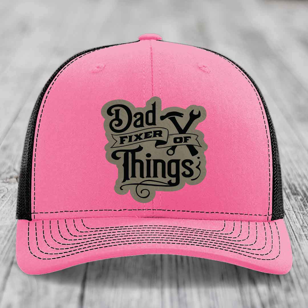 Dad Fixer of Things - Leather Patch Hat - Light Brown to Black Patch - Richardson 112 Snapback Trucker Hat