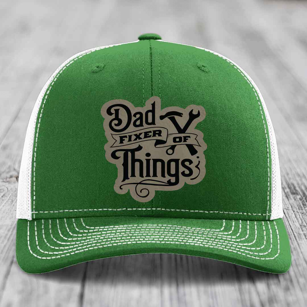 Dad Fixer of Things - Leather Patch Hat - Light Brown to Black Patch - Richardson 112 Snapback Trucker Hat