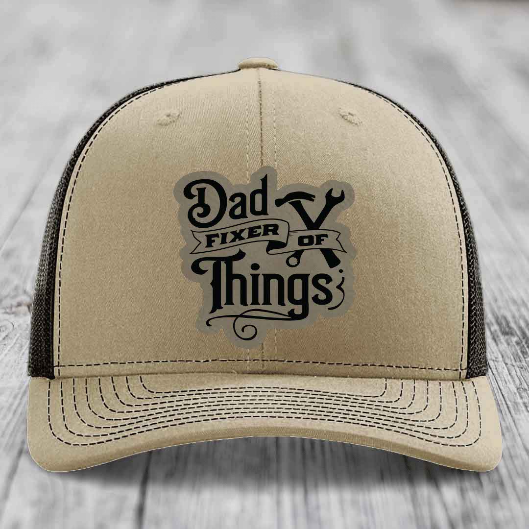 Dad Fixer of Things - Leather Patch Hat - Light Brown to Black Patch - Richardson 112 Snapback Trucker Hat
