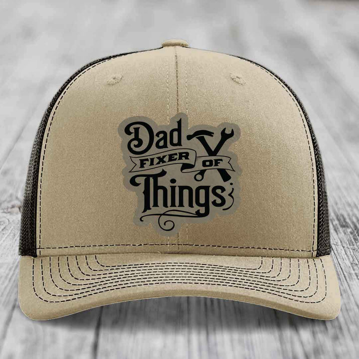 Dad Fixer of Things - Leather Patch Hat - Light Brown to Black Patch - Richardson 112 Snapback Trucker Hat