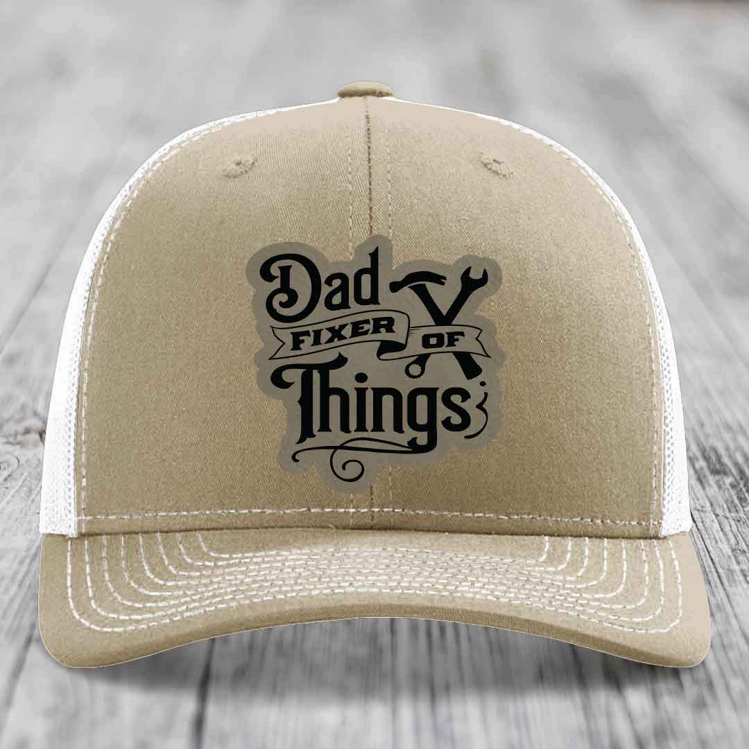 Dad Fixer of Things - Leather Patch Hat - Light Brown to Black Patch - Richardson 112 Snapback Trucker Hat