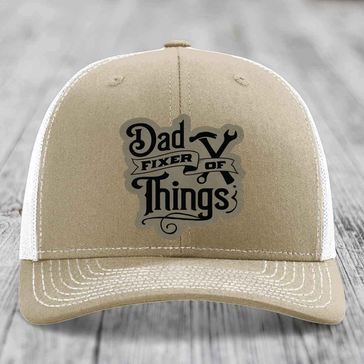 Dad Fixer of Things - Leather Patch Hat - Light Brown to Black Patch - Richardson 112 Snapback Trucker Hat