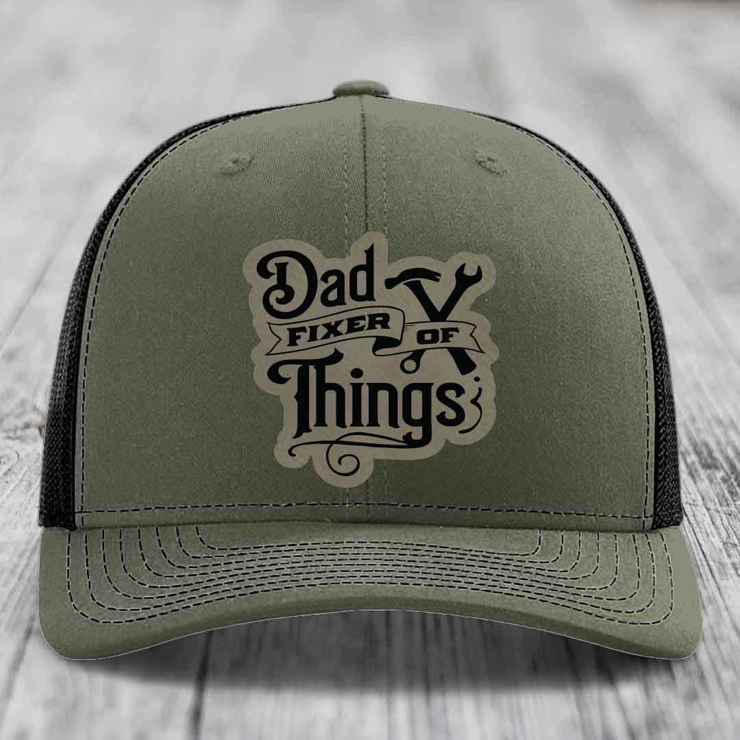 Dad Fixer of Things - Leather Patch Hat - Light Brown to Black Patch - Richardson 112 Snapback Trucker Hat