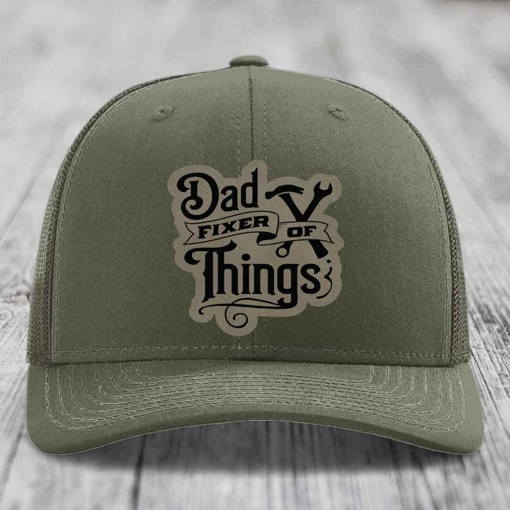 Dad Fixer of Things - Leather Patch Hat - Light Brown to Black Patch - Richardson 112 Snapback Trucker Hat
