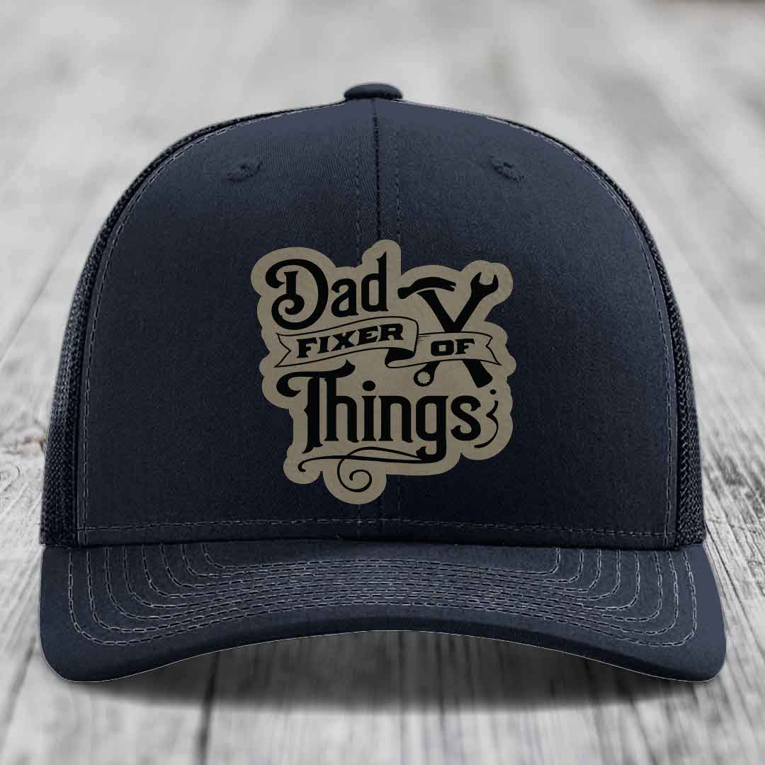 Dad Fixer of Things - Leather Patch Hat - Light Brown to Black Patch - Richardson 112 Snapback Trucker Hat