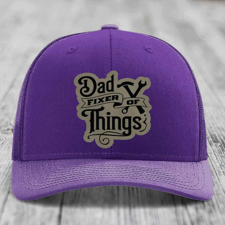 Dad Fixer of Things - Leather Patch Hat - Light Brown to Black Patch - Richardson 112 Snapback Trucker Hat
