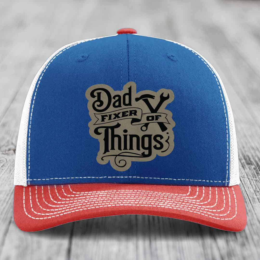 Dad Fixer of Things - Leather Patch Hat - Light Brown to Black Patch - Richardson 112 Snapback Trucker Hat