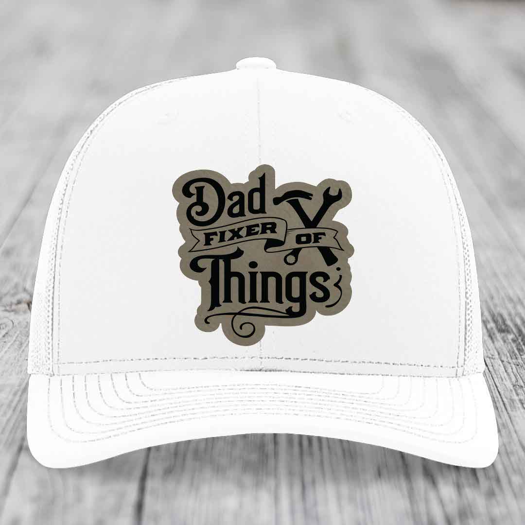 Dad Fixer of Things - Leather Patch Hat - Light Brown to Black Patch - Richardson 112 Snapback Trucker Hat