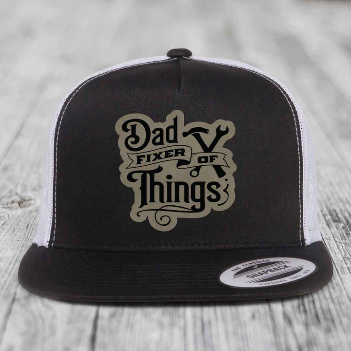 Dad Fixer of Things - Leather Patch Hat - Light Brown to Black Patch - Yupoong 6006 Snapback Flatbill Hat