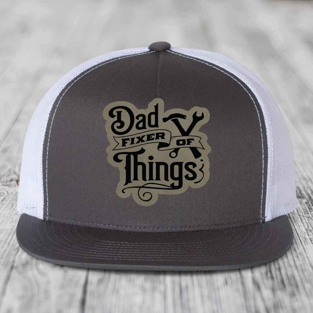 Dad Fixer of Things - Leather Patch Hat - Light Brown to Black Patch - Yupoong 6006 Snapback Flatbill Hat