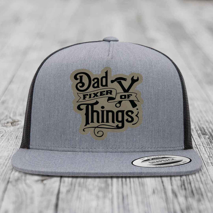Dad Fixer of Things - Leather Patch Hat - Light Brown to Black Patch - Yupoong 6006 Snapback Flatbill Hat