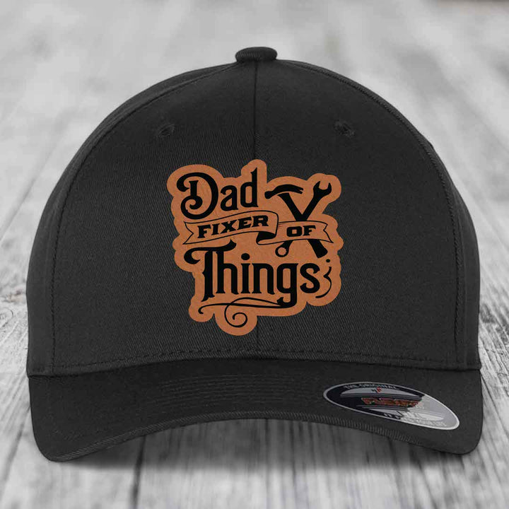 Dad Fixer of Things - Leather Patch Hat - Rawhide to Black Patch - Flexfit 6277 Fitted Hat