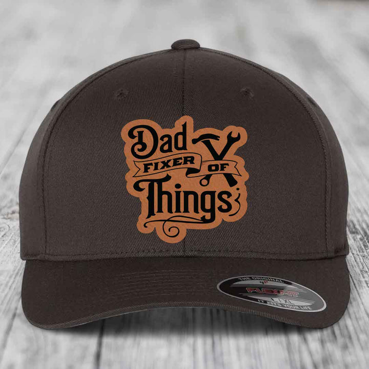 Dad Fixer of Things - Leather Patch Hat - Rawhide to Black Patch - Flexfit 6277 Fitted Hat