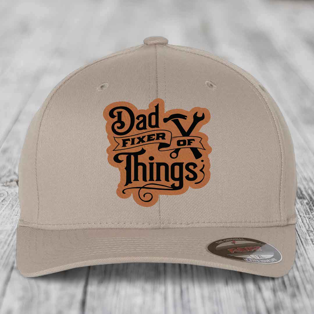 Dad Fixer of Things - Leather Patch Hat - Rawhide to Black Patch - Flexfit 6277 Fitted Hat