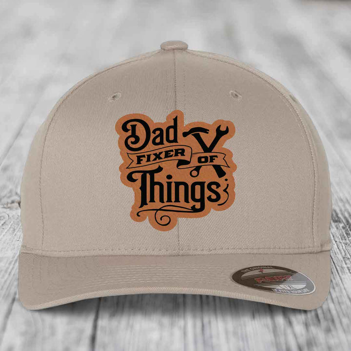 Dad Fixer of Things - Leather Patch Hat - Rawhide to Black Patch - Flexfit 6277 Fitted Hat