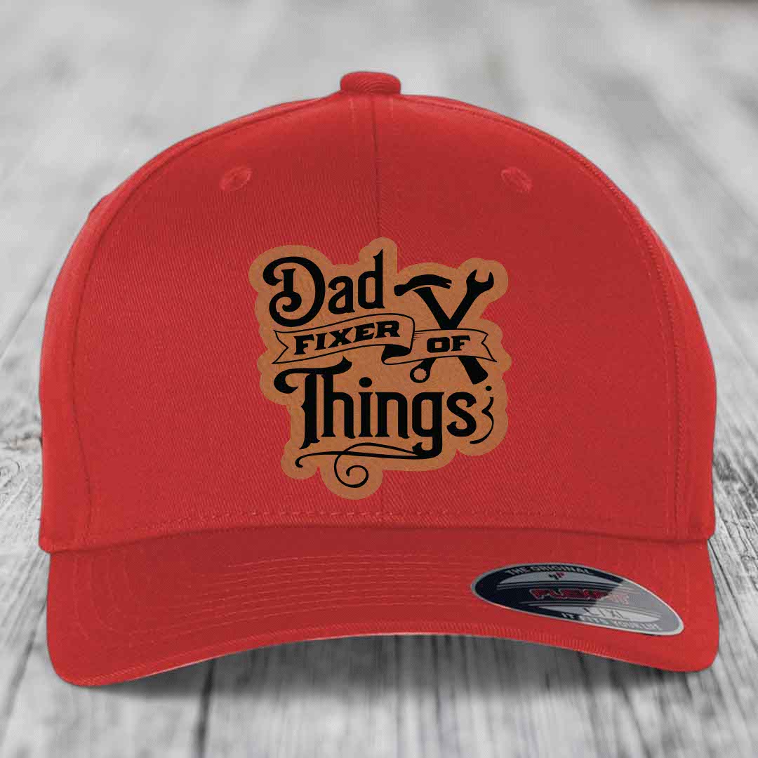Dad Fixer of Things - Leather Patch Hat - Rawhide to Black Patch - Flexfit 6277 Fitted Hat