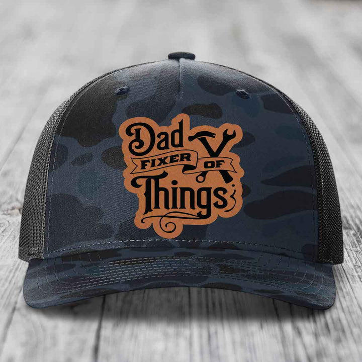 Dad Fixer of Things - Leather Patch Hat - Rawhide to Black Patch - Richardson 112PFP Snapback Trucker Hat