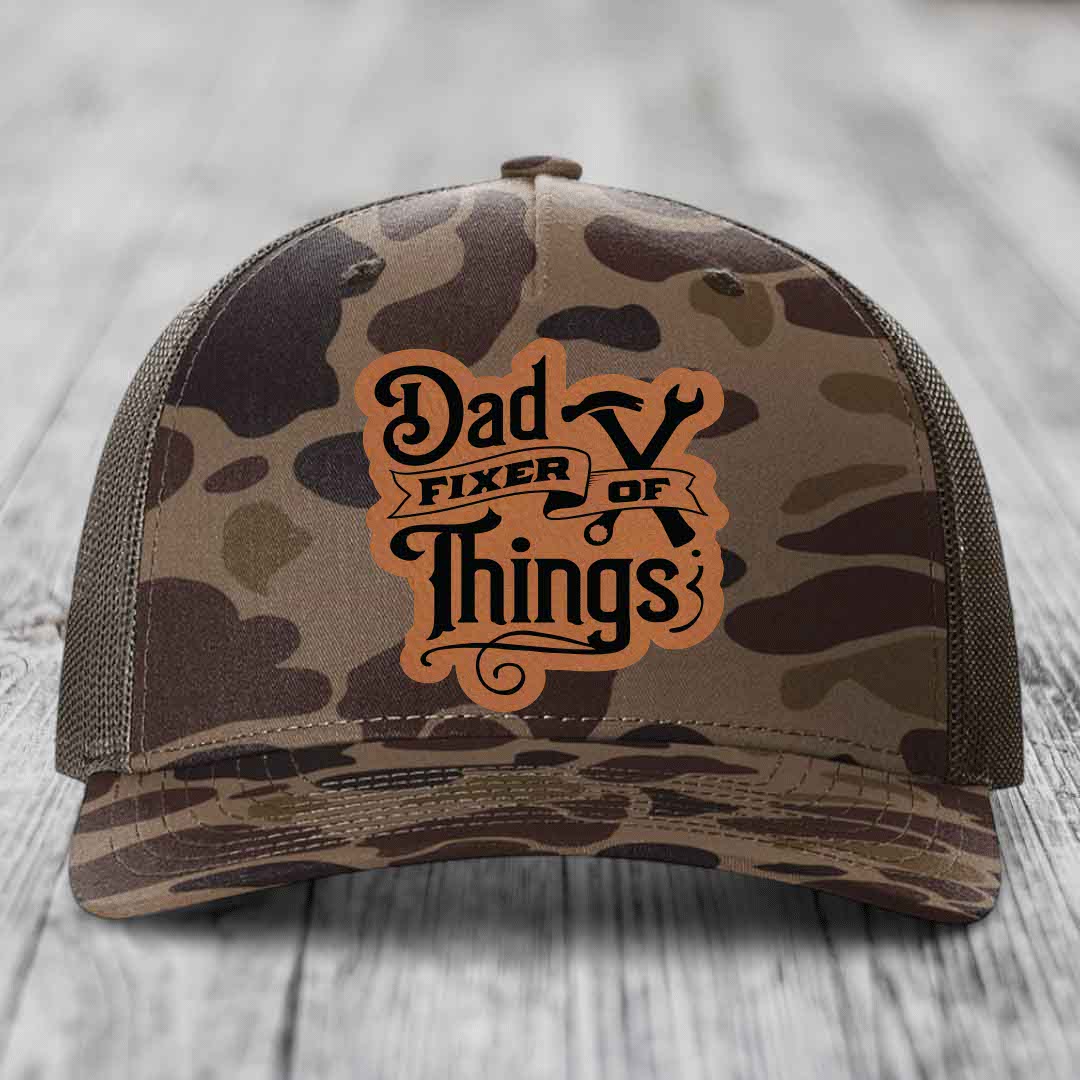Dad Fixer of Things - Leather Patch Hat - Rawhide to Black Patch - Richardson 112PFP Snapback Trucker Hat