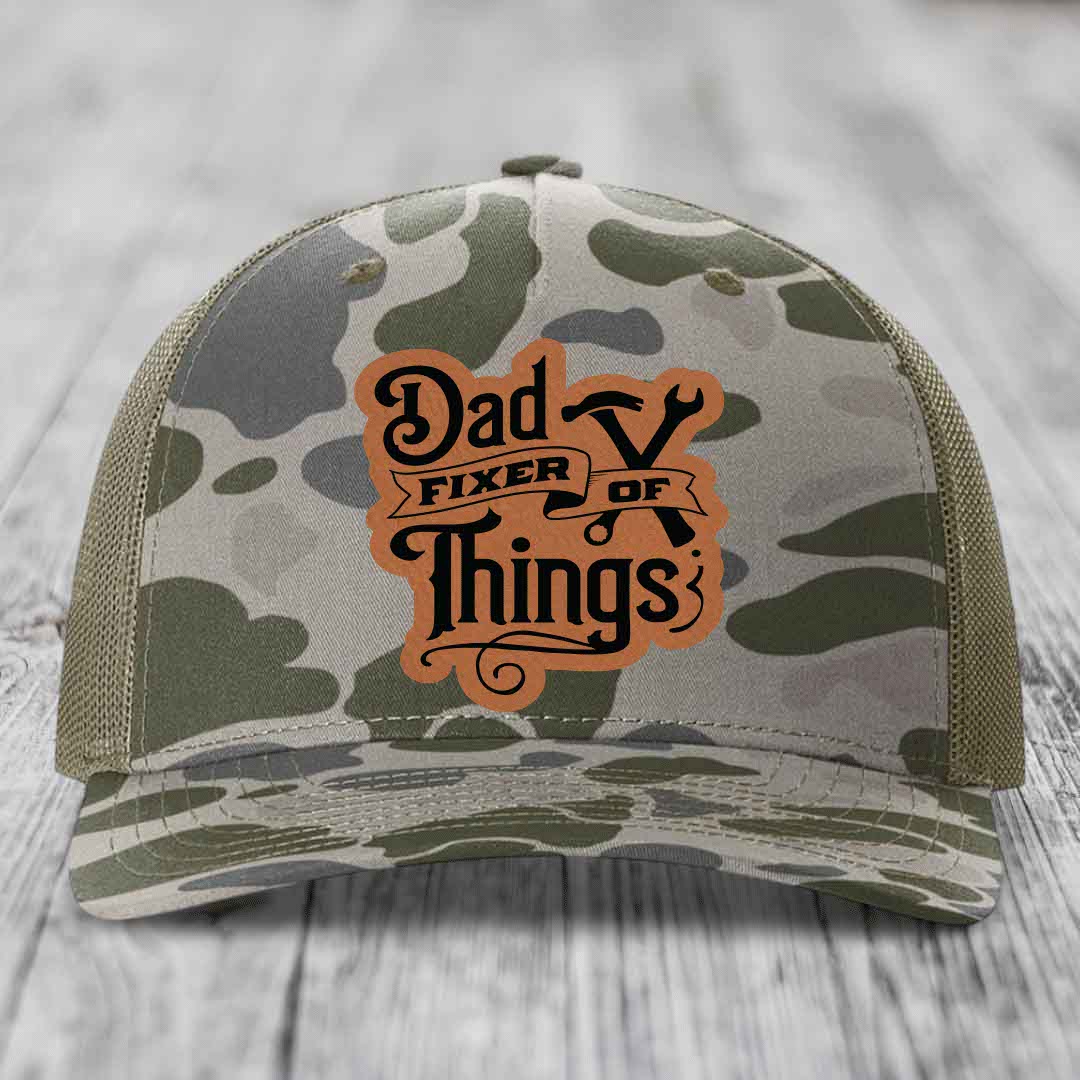 Dad Fixer of Things - Leather Patch Hat - Rawhide to Black Patch - Richardson 112PFP Snapback Trucker Hat