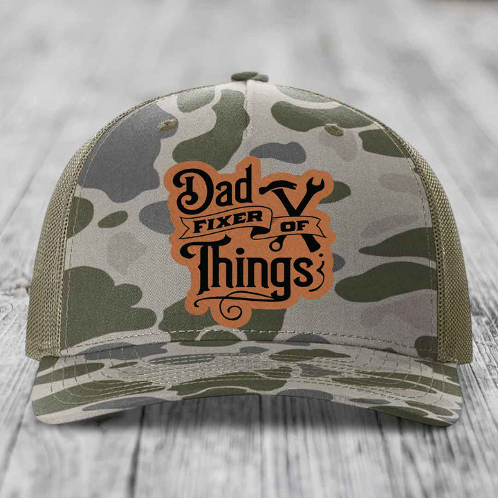 Dad Fixer of Things - Leather Patch Hat - Rawhide to Black Patch - Richardson 112PFP Snapback Trucker Hat
