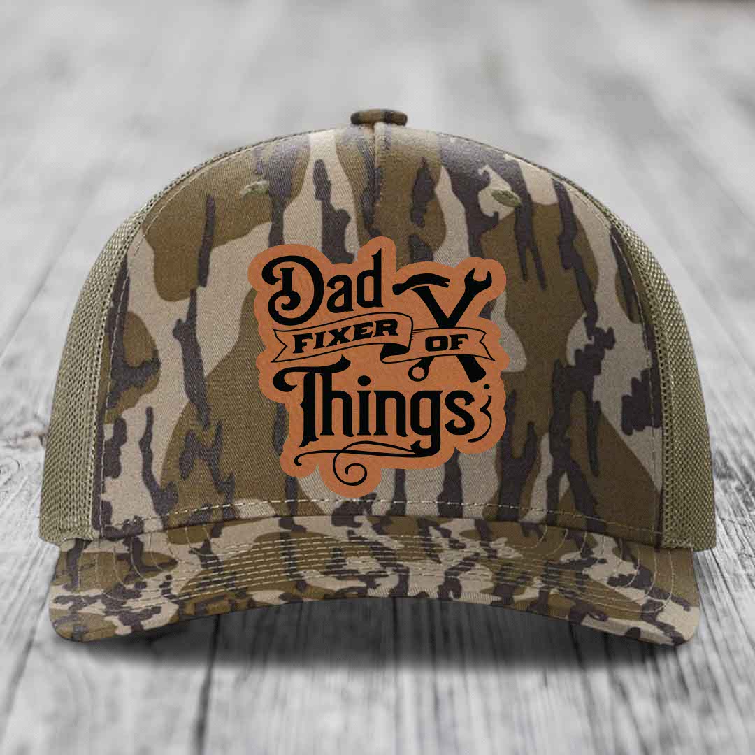 Dad Fixer of Things - Leather Patch Hat - Rawhide to Black Patch - Richardson 112PFP Snapback Trucker Hat