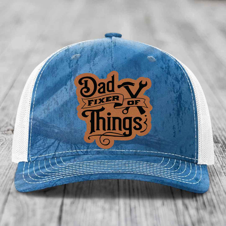 Dad Fixer of Things - Leather Patch Hat - Rawhide to Black Patch - Richardson 112PFP Snapback Trucker Hat