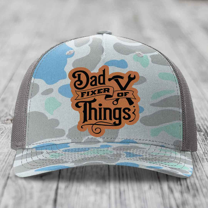 Dad Fixer of Things - Leather Patch Hat - Rawhide to Black Patch - Richardson 112PFP Snapback Trucker Hat