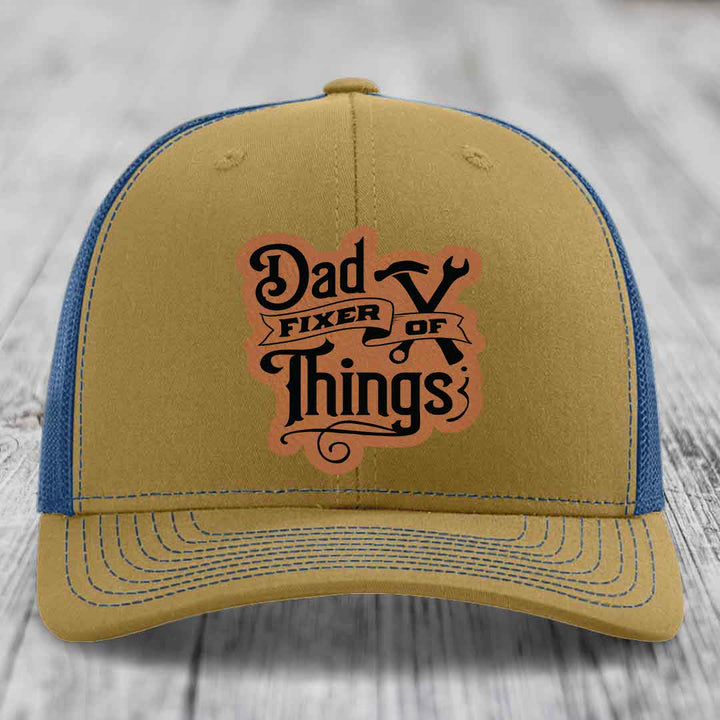Dad Fixer of Things - Leather Patch Hat - Rawhide to Black Patch - Richardson 112 Snapback Trucker Hat