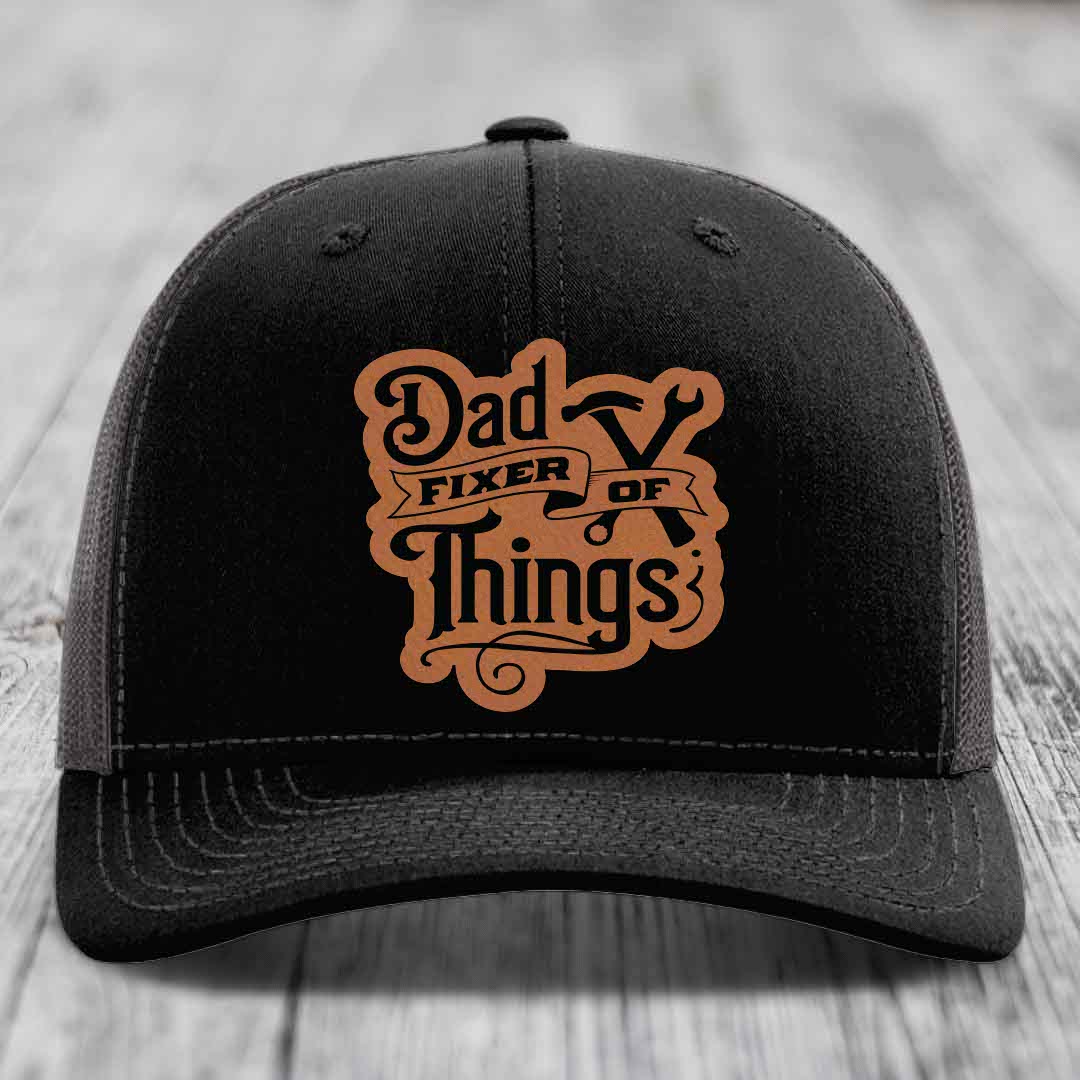 Dad Fixer of Things - Leather Patch Hat - Rawhide to Black Patch - Richardson 112 Snapback Trucker Hat