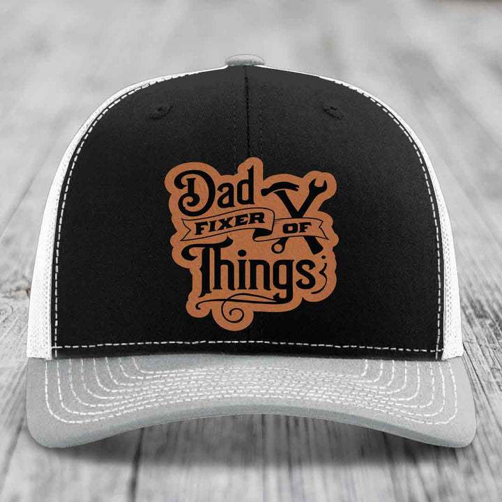 Dad Fixer of Things - Leather Patch Hat - Rawhide to Black Patch - Richardson 112 Snapback Trucker Hat
