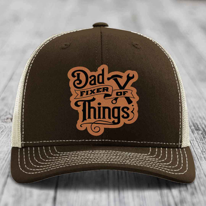 Dad Fixer of Things - Leather Patch Hat - Rawhide to Black Patch - Richardson 112 Snapback Trucker Hat