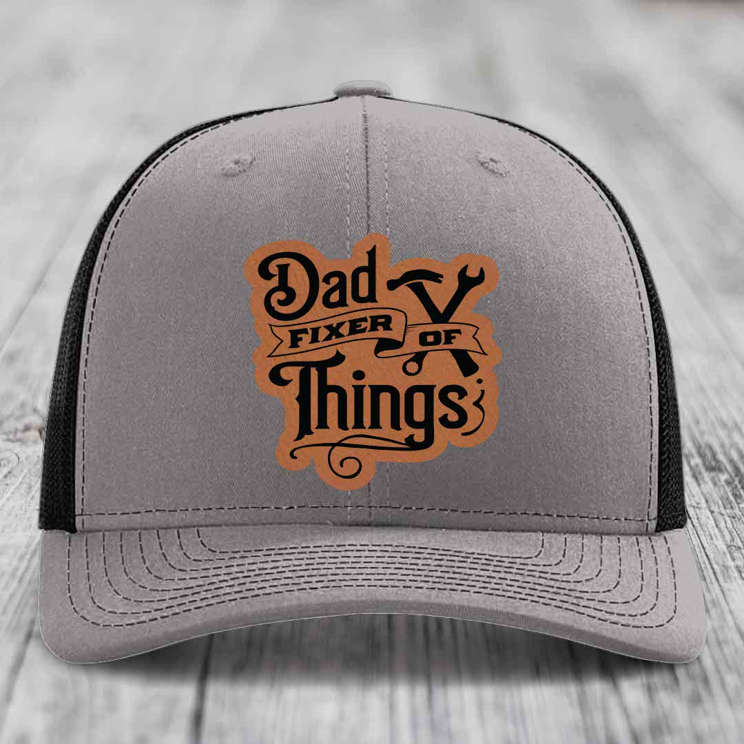 Dad Fixer of Things - Leather Patch Hat - Rawhide to Black Patch - Richardson 112 Snapback Trucker Hat
