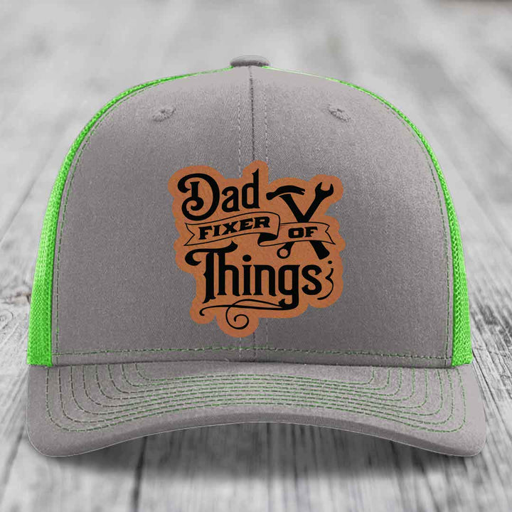 Dad Fixer of Things - Leather Patch Hat - Rawhide to Black Patch - Richardson 112 Snapback Trucker Hat