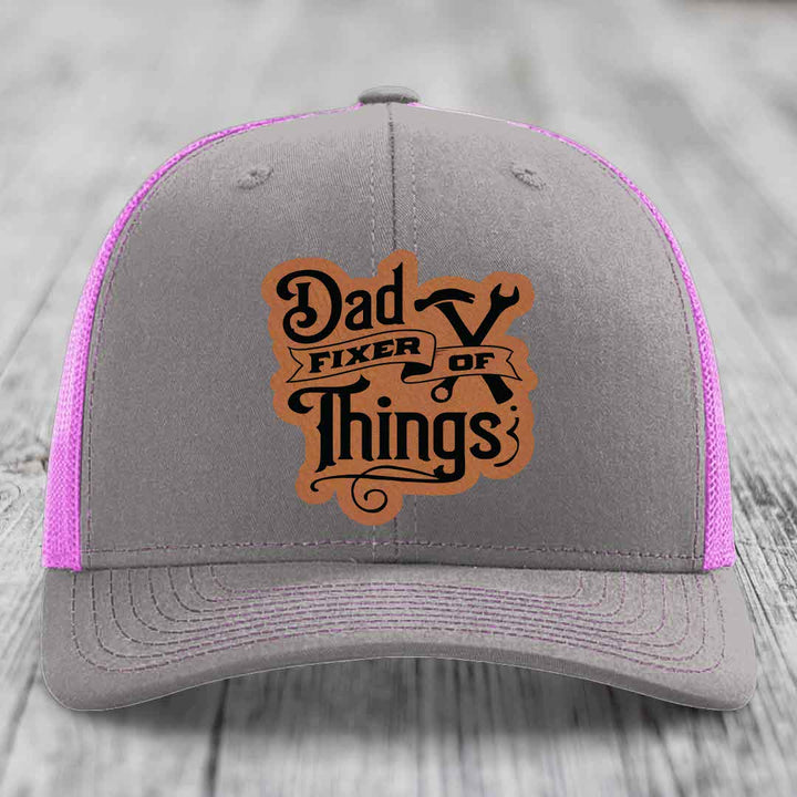 Dad Fixer of Things - Leather Patch Hat - Rawhide to Black Patch - Richardson 112 Snapback Trucker Hat