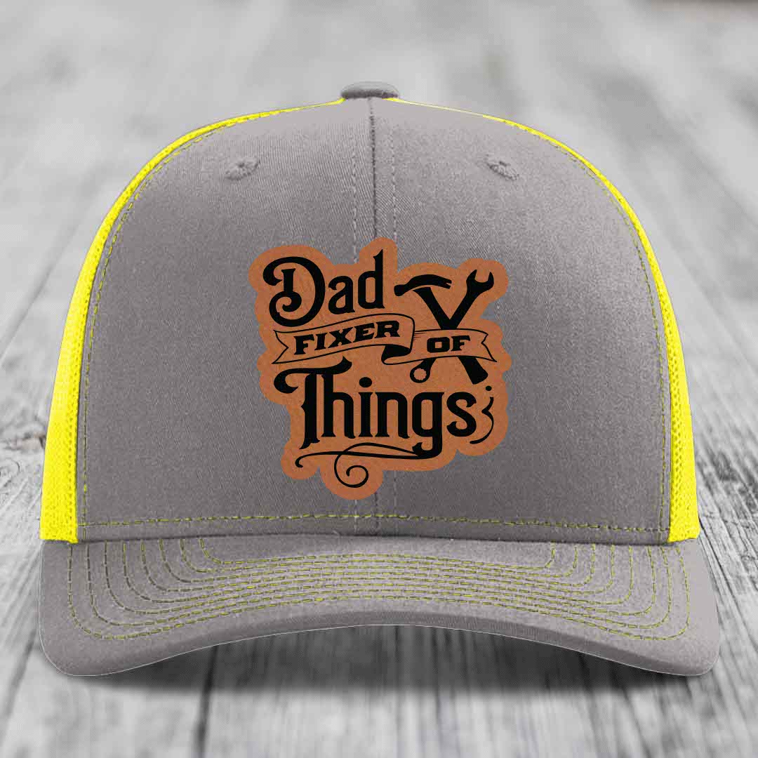 Dad Fixer of Things - Leather Patch Hat - Rawhide to Black Patch - Richardson 112 Snapback Trucker Hat