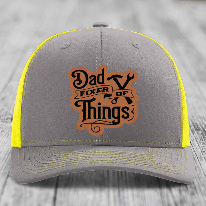 Dad Fixer of Things - Leather Patch Hat - Rawhide to Black Patch - Richardson 112 Snapback Trucker Hat