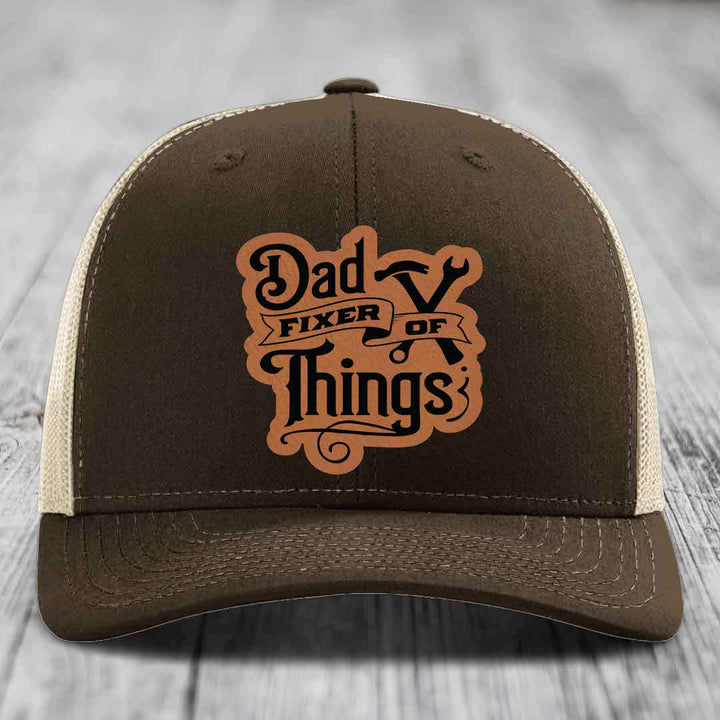 Dad Fixer of Things - Leather Patch Hat - Rawhide to Black Patch - Richardson 112 Snapback Trucker Hat