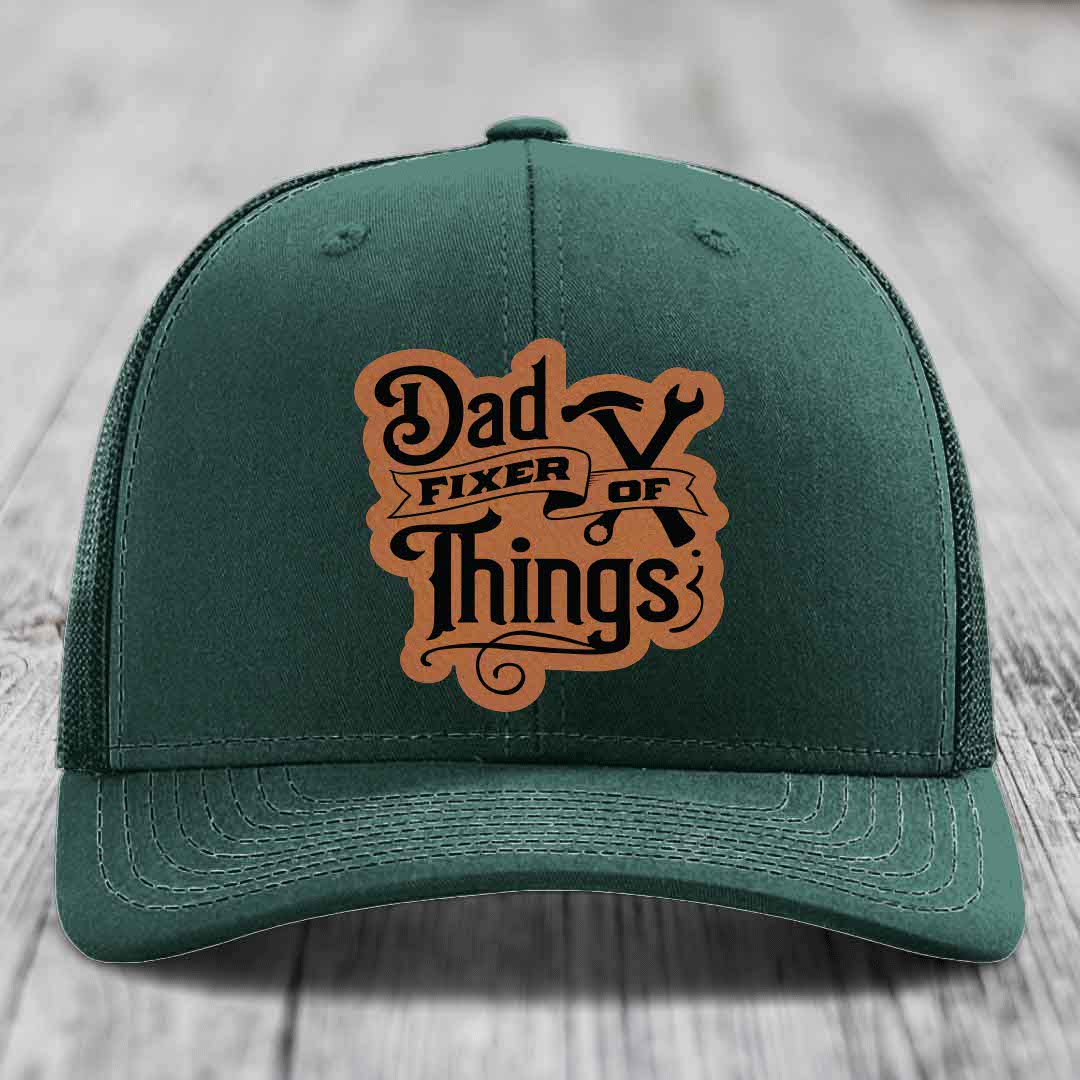 Dad Fixer of Things - Leather Patch Hat - Rawhide to Black Patch - Richardson 112 Snapback Trucker Hat
